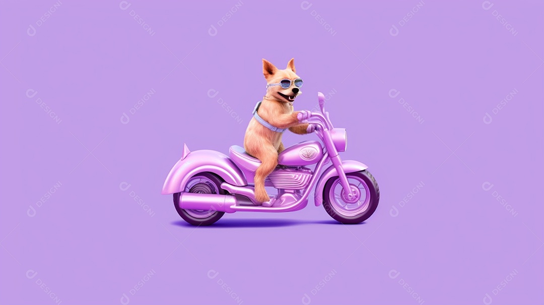 Cachorro andando de moto em fundo lilás