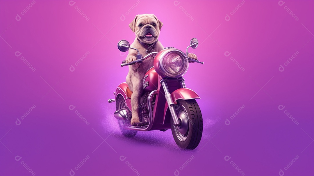 Cachorro andando de moto em fundo lilás