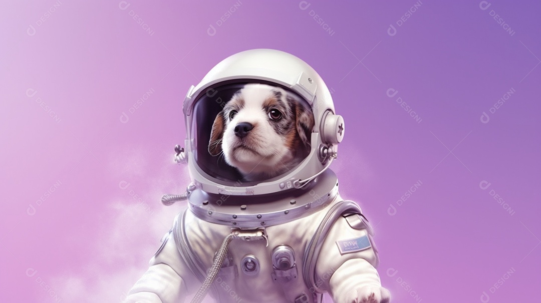 Cachorro filhote com roupa de astronauta em fundo lilás