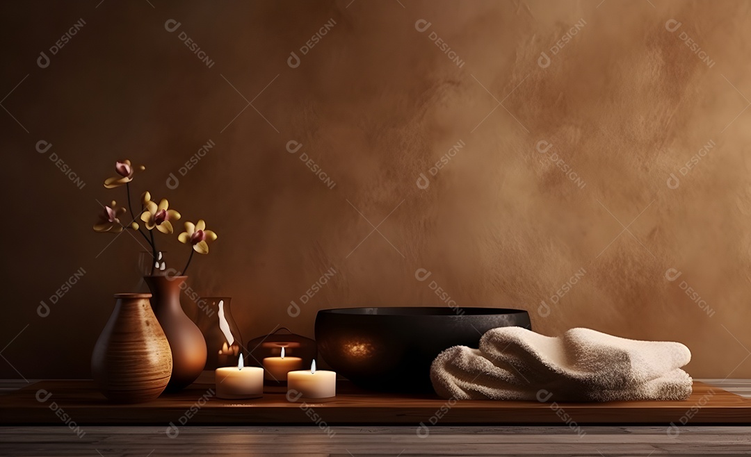 Um conjunto de spa com toalhas e velas