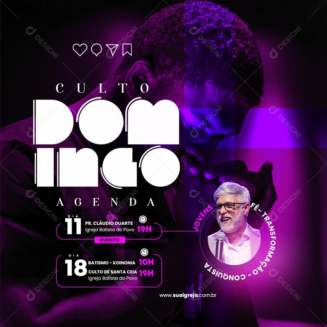 Culto Domingo Agenda Flyer Gospel Social Media PSD Editável