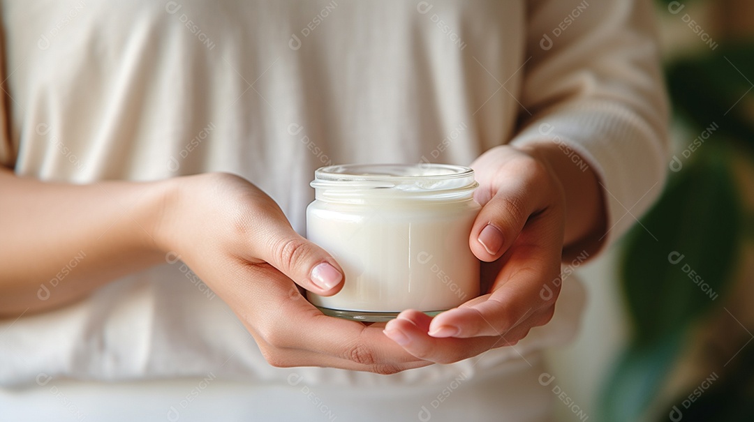 Mulher segurando frasco de loção hidratante