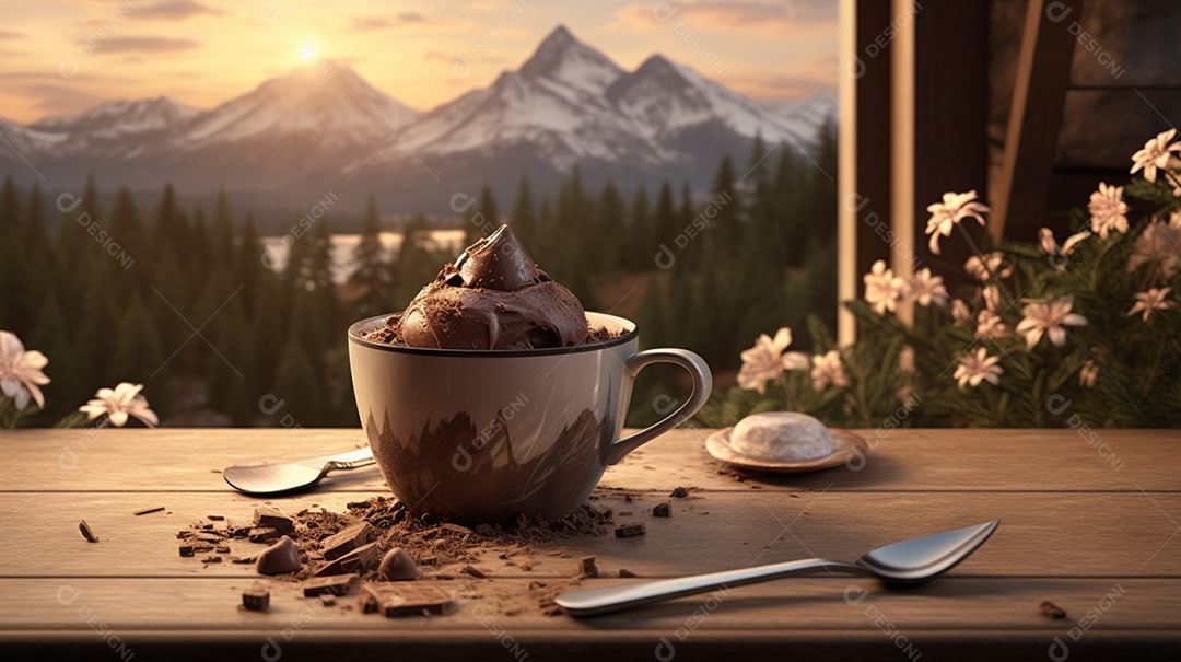 Delicioso sorvete de chocolate sobre mesa de madeira