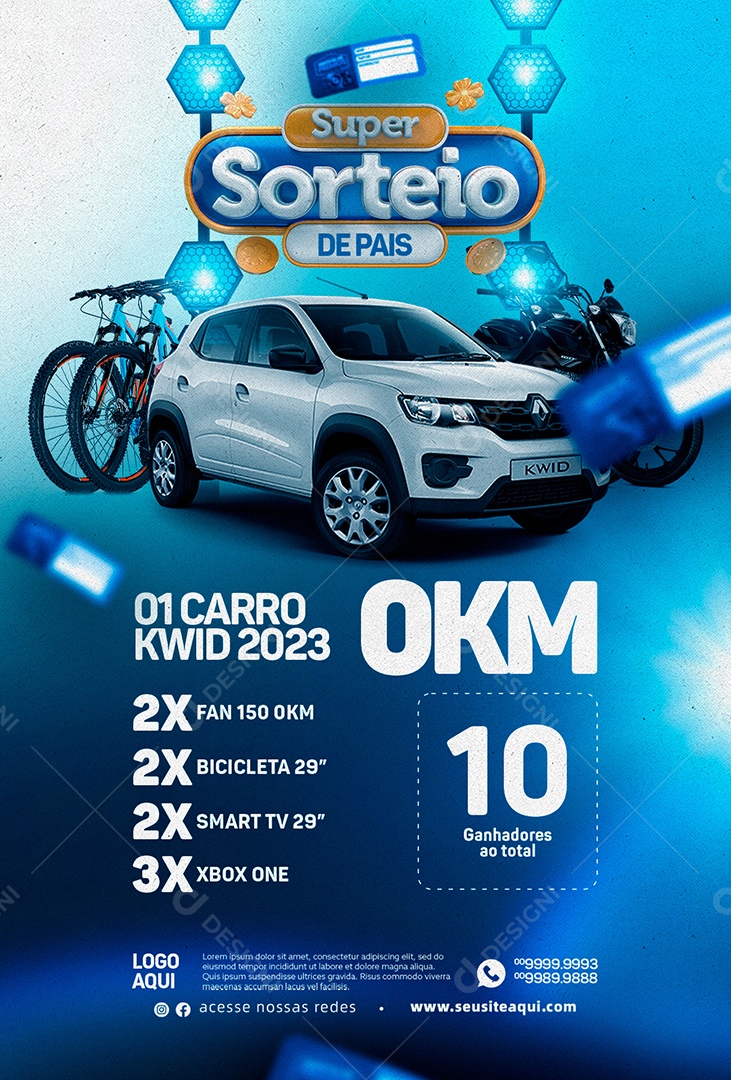 Motion Super Sorteio De Pais 1 Carro Kwid 2023 0KM 2x Fan 150 0KM 2x Smart Tv Loja Social Media After Effects Editável