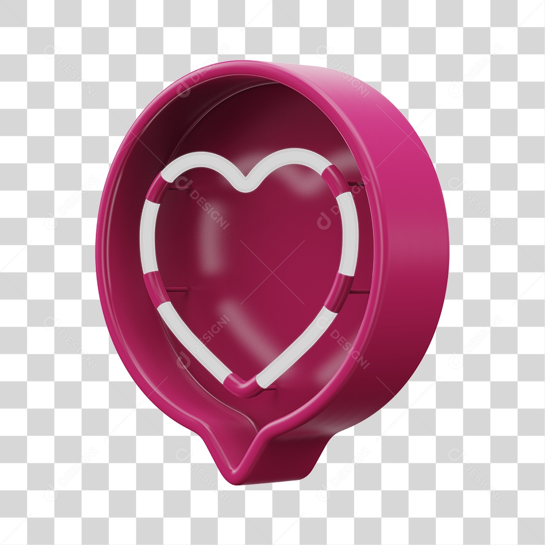 Elemento 3D Balão de Mensagem Cor Rosa Neon com Forma de Coração PNG Transparente