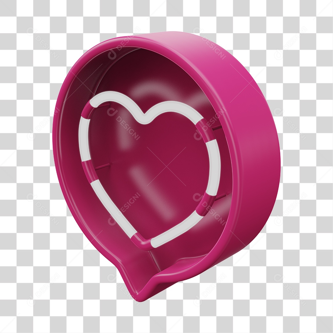 Elemento 3D Balão de Mensagem Cor Rosa Neon com Forma de Coração PNG Transparente