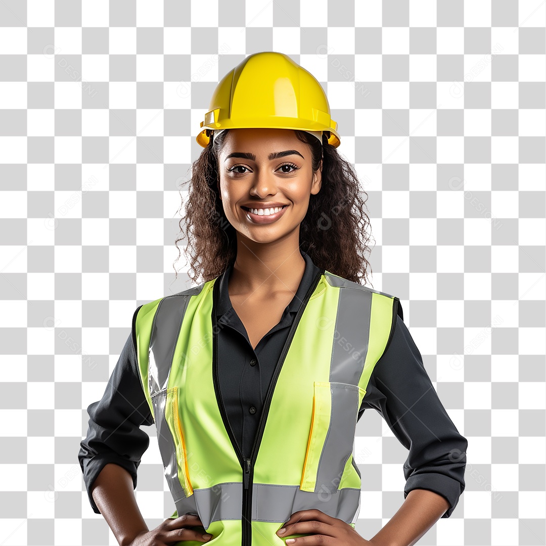 Mulher Operaria Sorrindo com Capacete e Colete Amarelo Fundo PNG Transparente