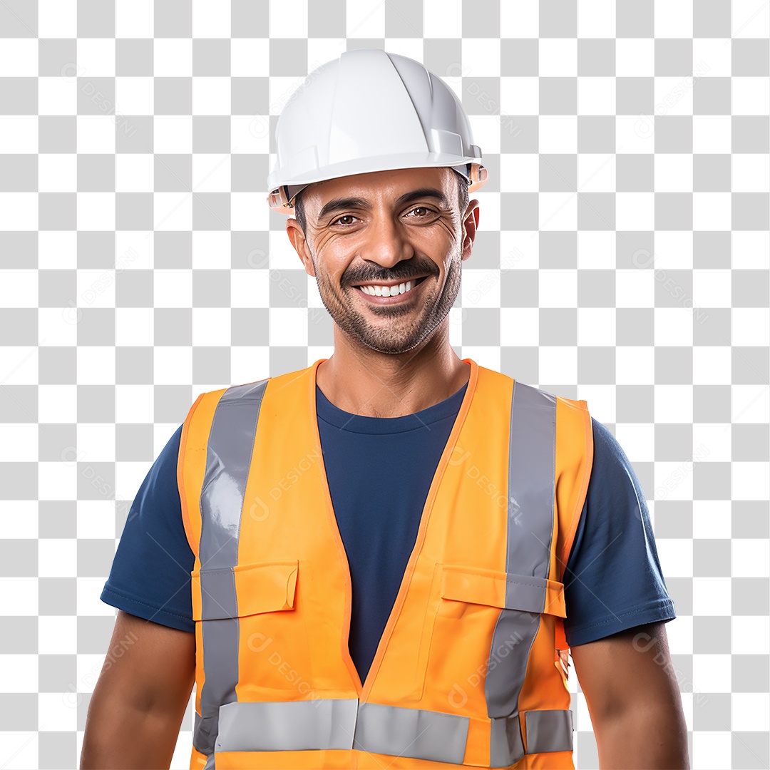 Homem Operário Sorrindo com Capacete Branco e Colete Laranjado Fundo PNG Transparente