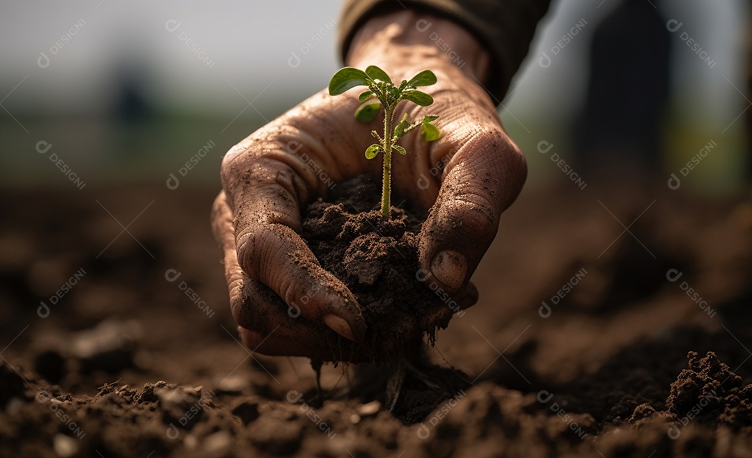 Mãos do agricultor sobre plantas da fazenda