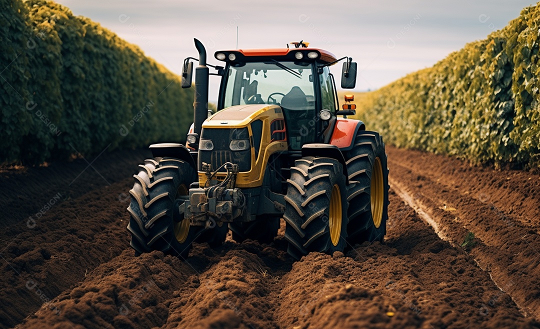 Trator agrícola sobre solo na fazenda