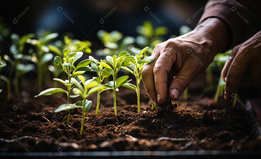 Homem agricultor em cultivos de plantas sobre o solo