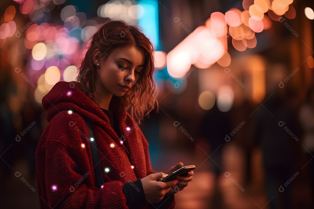 Linda jovem de blusa vermelha usando celular