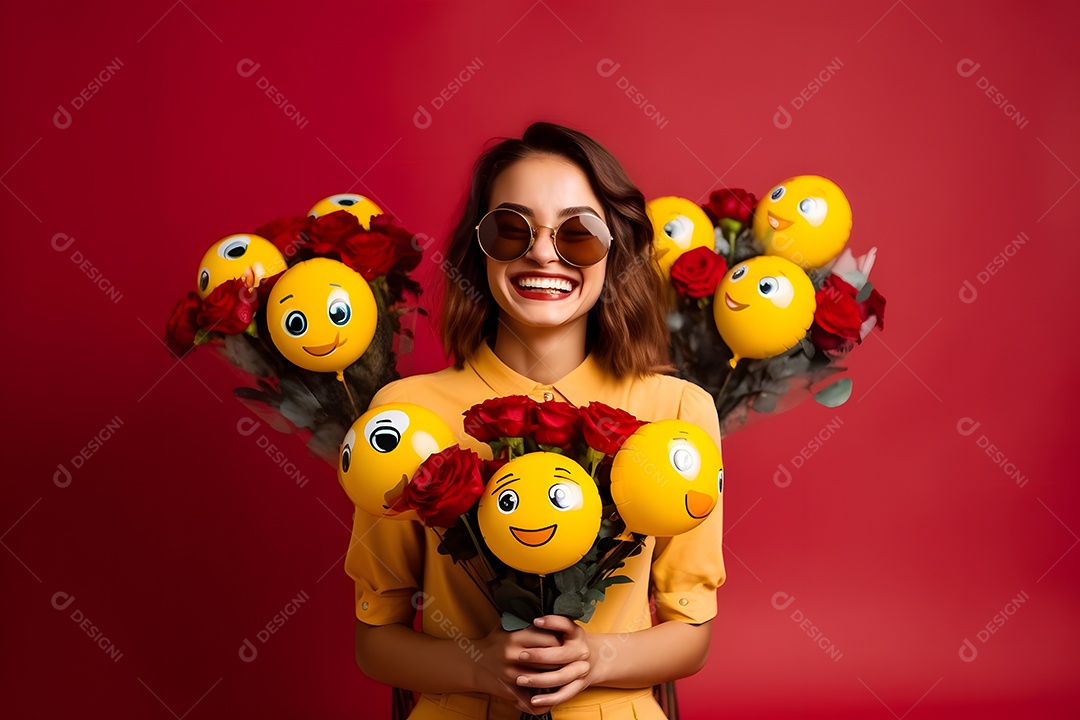 Mulher sorridente segurando rosas vermelhas e carinhas de emoticon