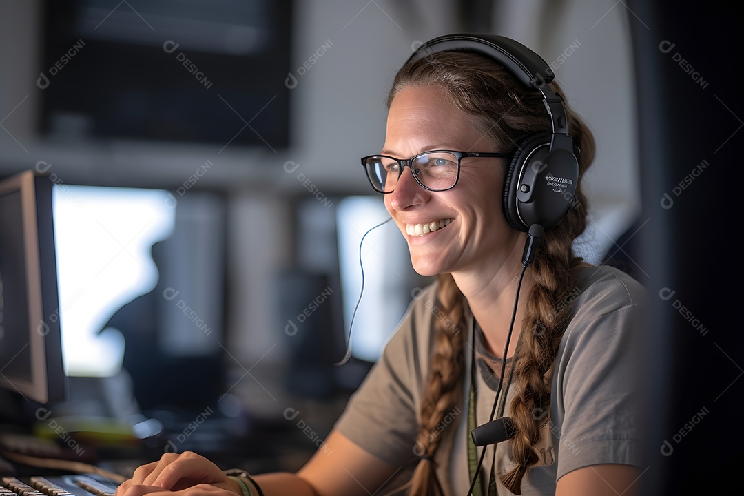 Mulher jovem sorridente trabalhando com fone de ouvido