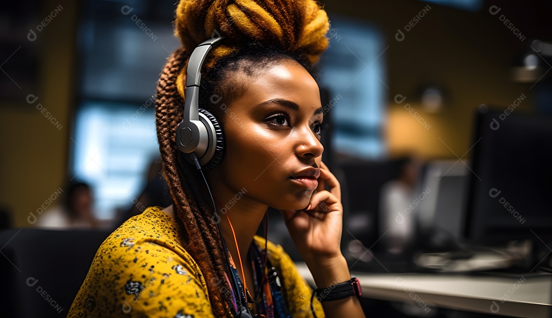 Mulher negra telefonista com fone de ouvido