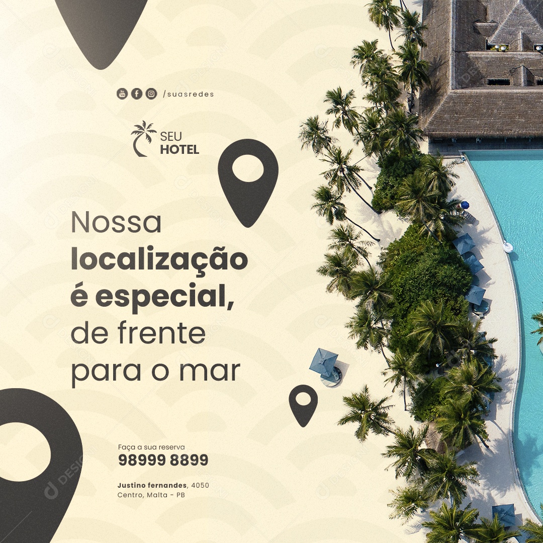 Hotelaria Nossa Localização é Especial de Frente para o Mar Social Media PSD Editável