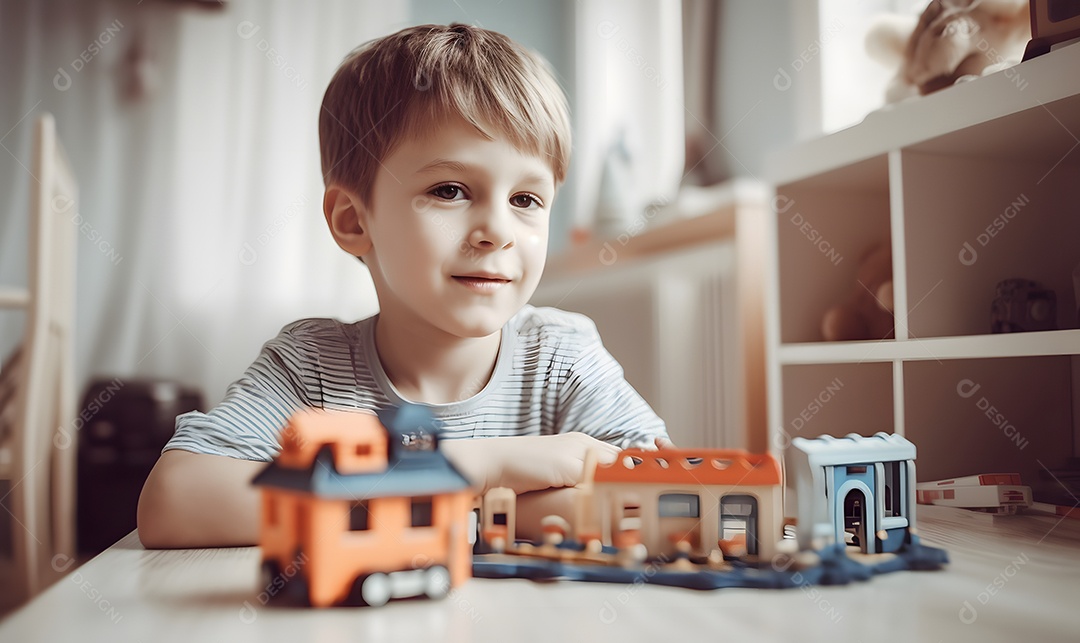 Menino criança autista brincando com brinquedos