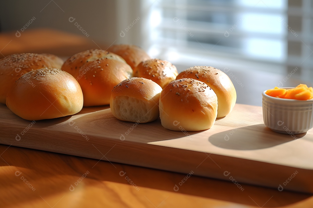 Bancada com pães assados na padaria