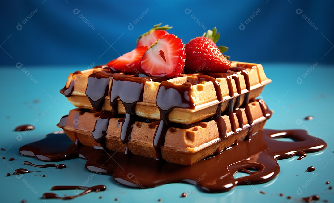 Deliciosos waffle belga com calda de chocolate com morango