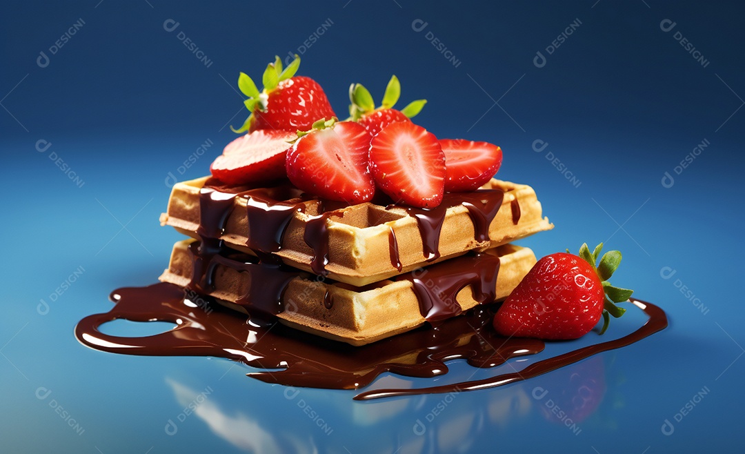 Deliciosos waffle belga com calda de chocolate com morango