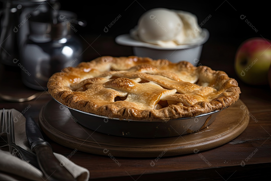 Torta de maçã recém-assada com sorvete.