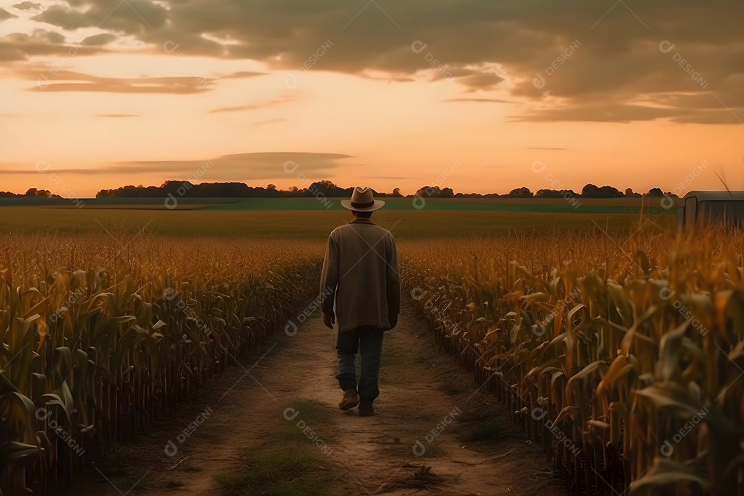 Homem agricultor andando sobre plantação