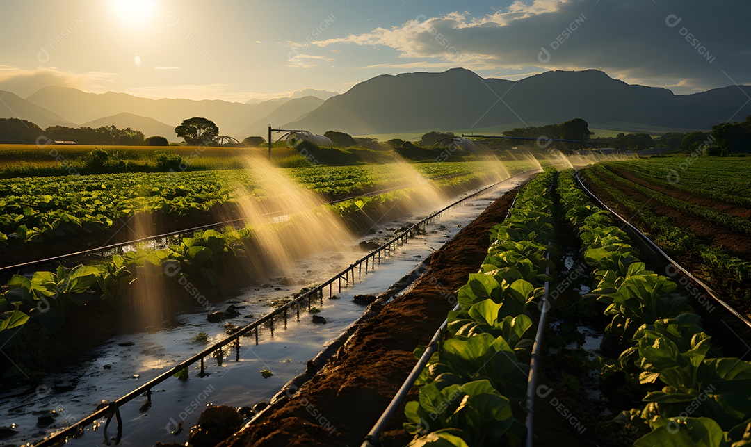 Vista de uma plantação com irrigação