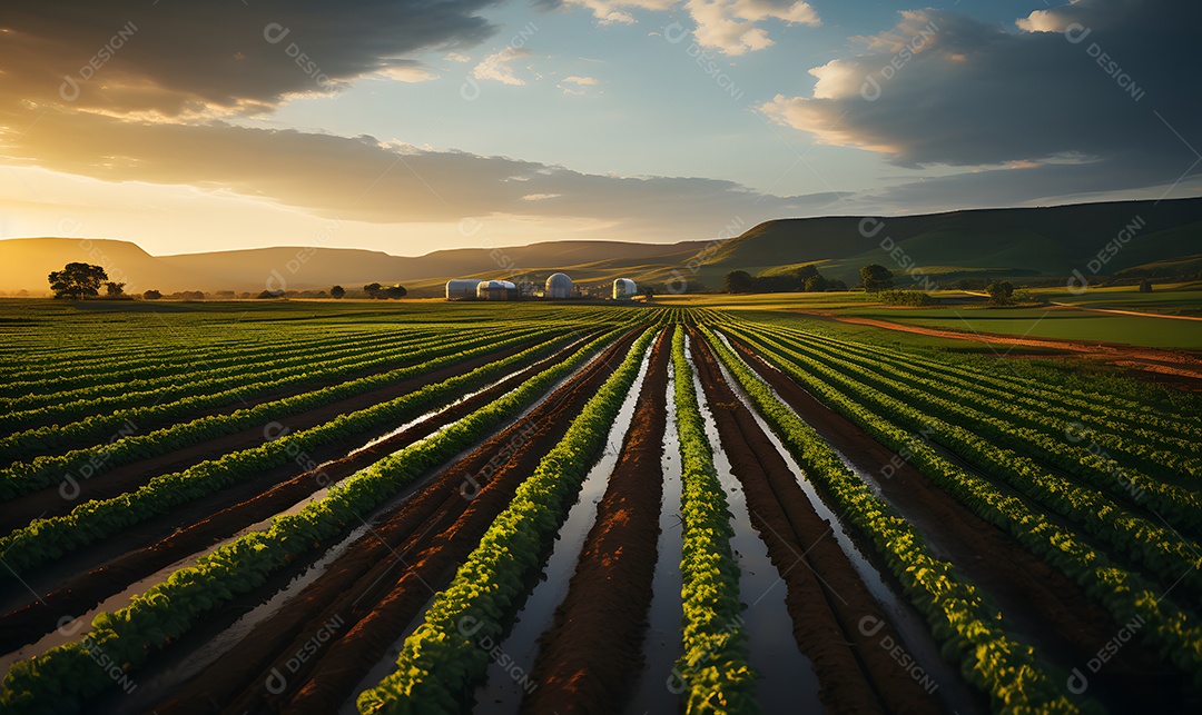 Vista de uma plantação com irrigação