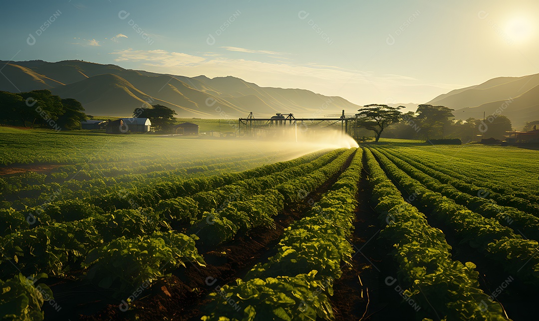 Vista de uma plantação com irrigação