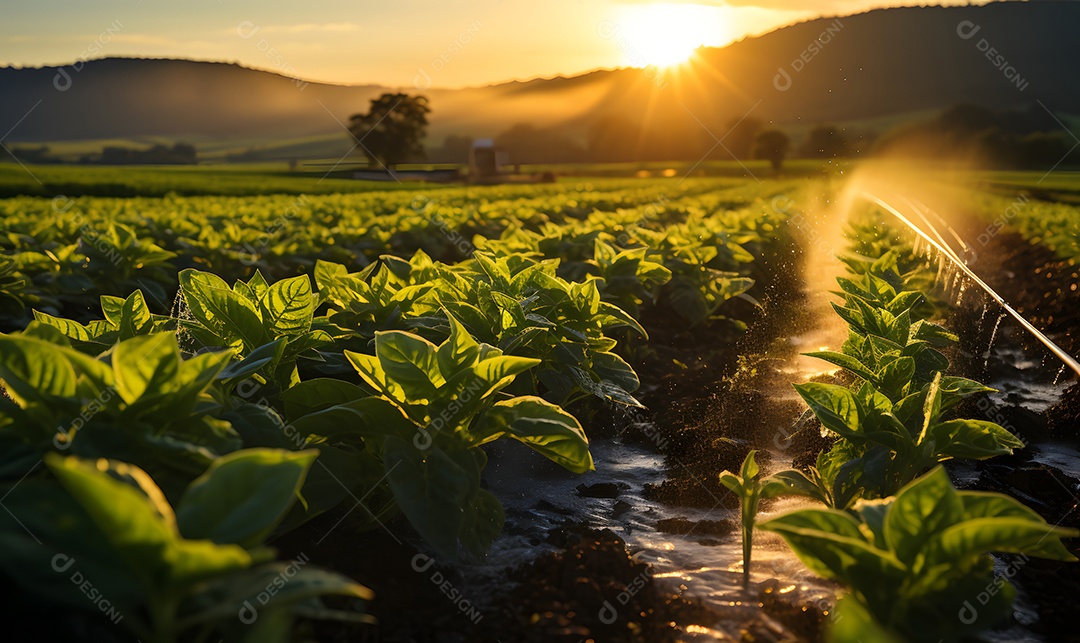 Vista de uma plantação com irrigação