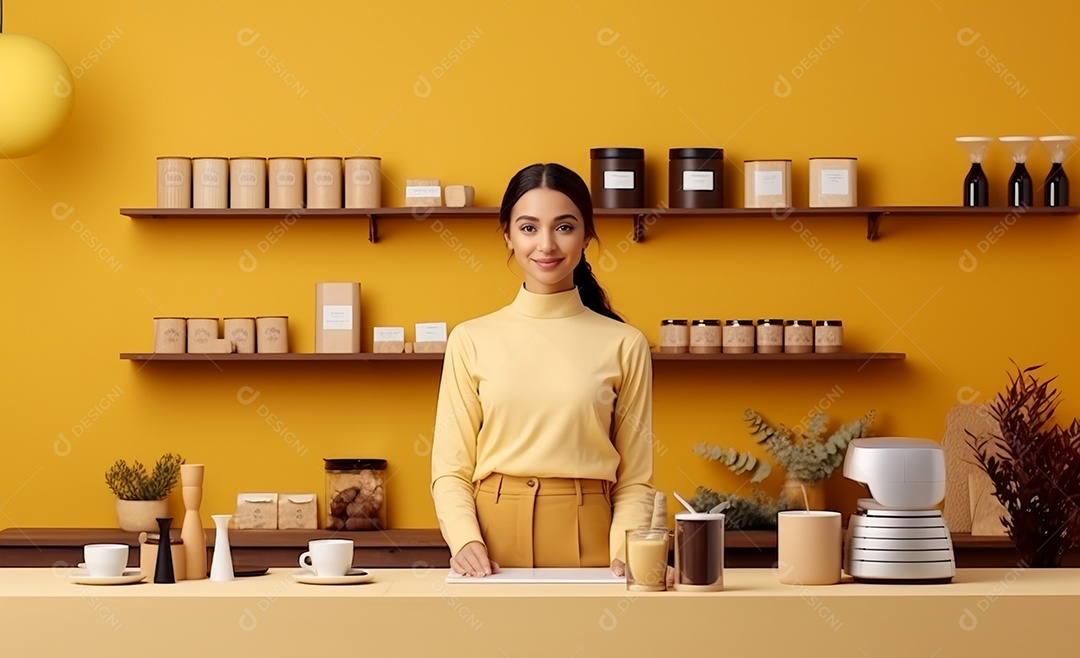 Linda mulher trabalhando na cafeteria