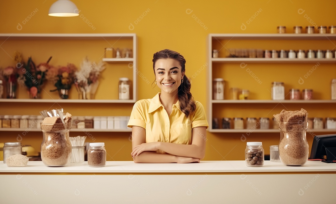 Linda mulher trabalhando na cafeteria