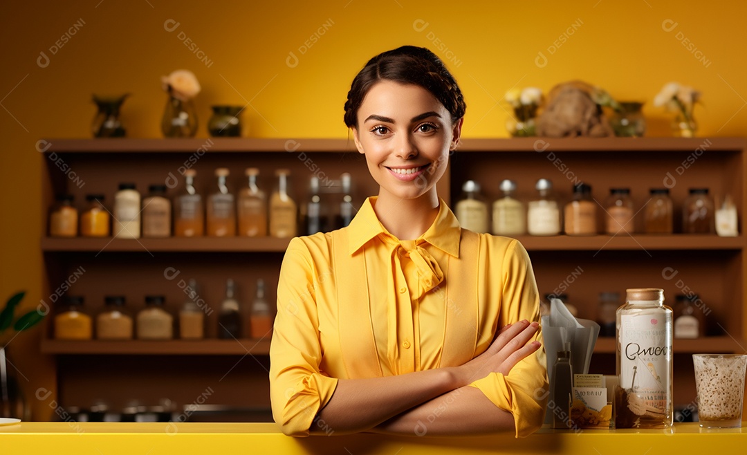 Linda mulher trabalhando na cafeteria