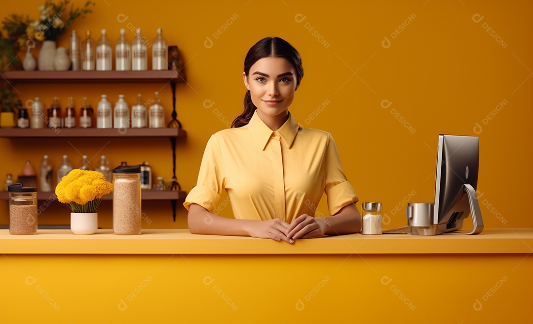 Linda mulher trabalhando na cafeteria