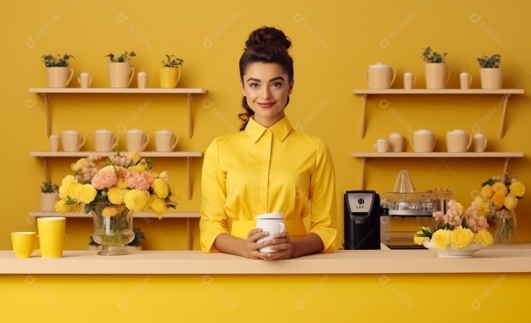 Linda mulher trabalhando na cafeteria