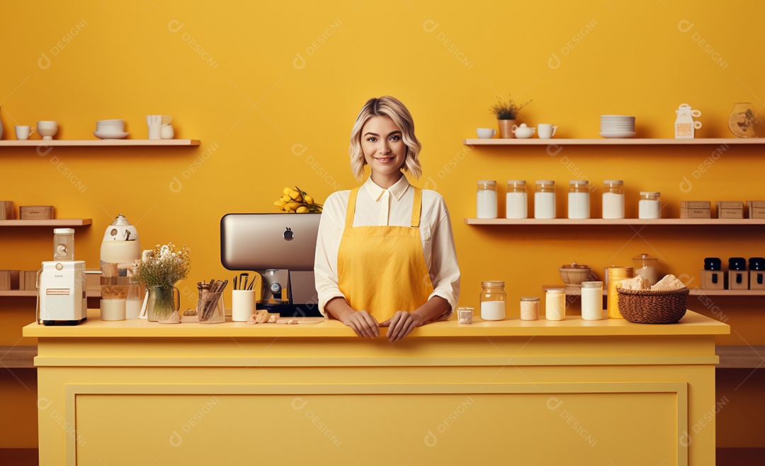 Linda mulher trabalhando na cafeteria