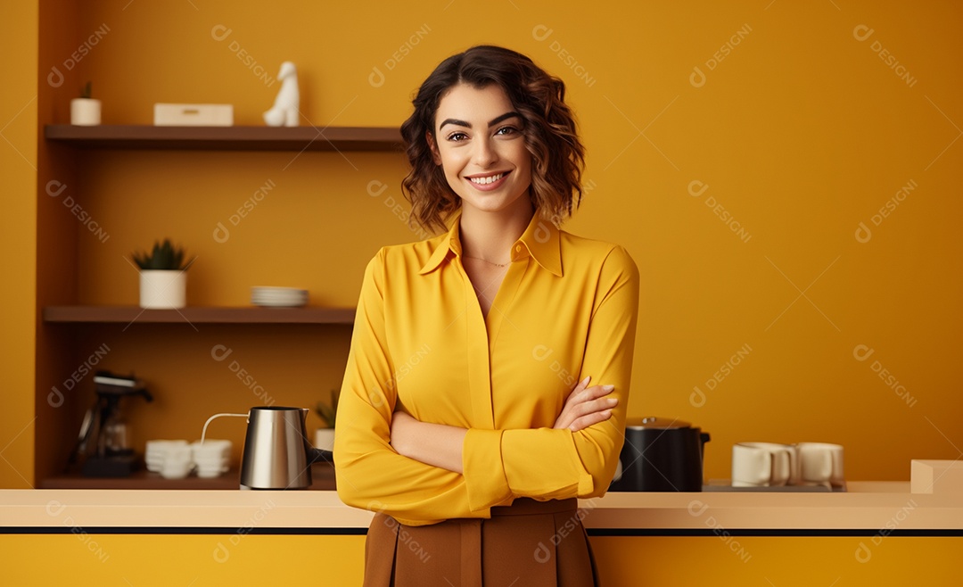 Linda mulher trabalhando na cafeteria