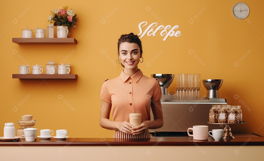 Linda mulher trabalhando na cafeteria