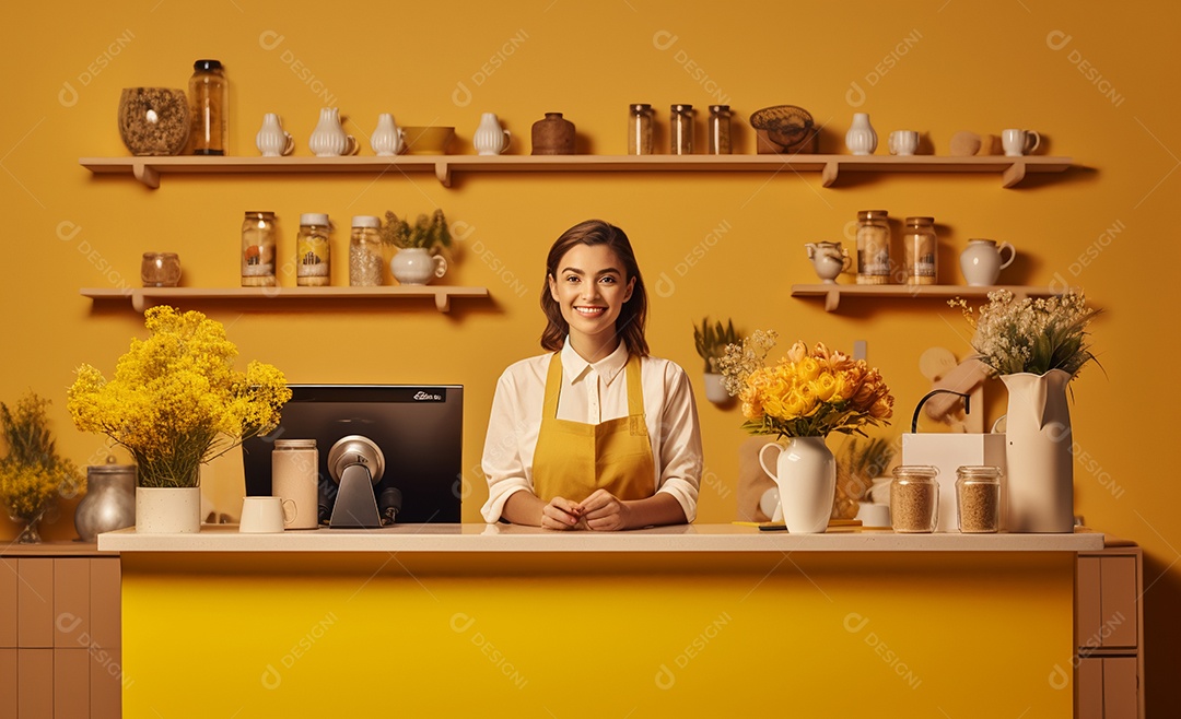 Linda mulher trabalhando na cafeteria