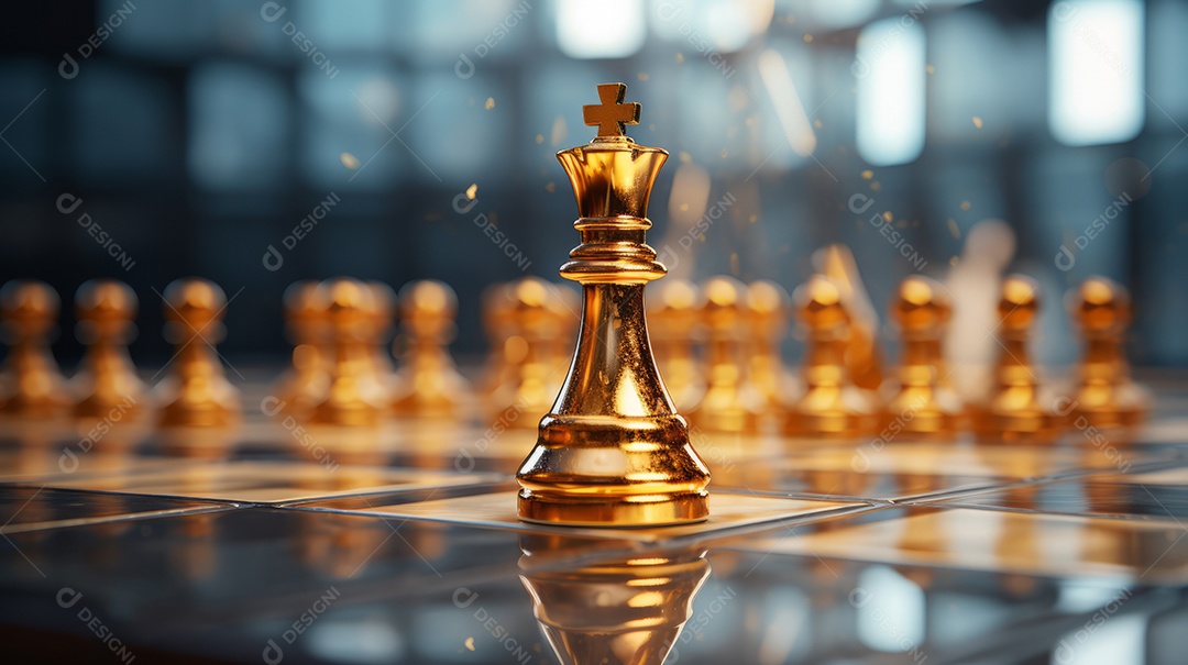 Peça dourada do rei em um tabuleiro de xadrez o conceito de jogar xadrez  generative ai
