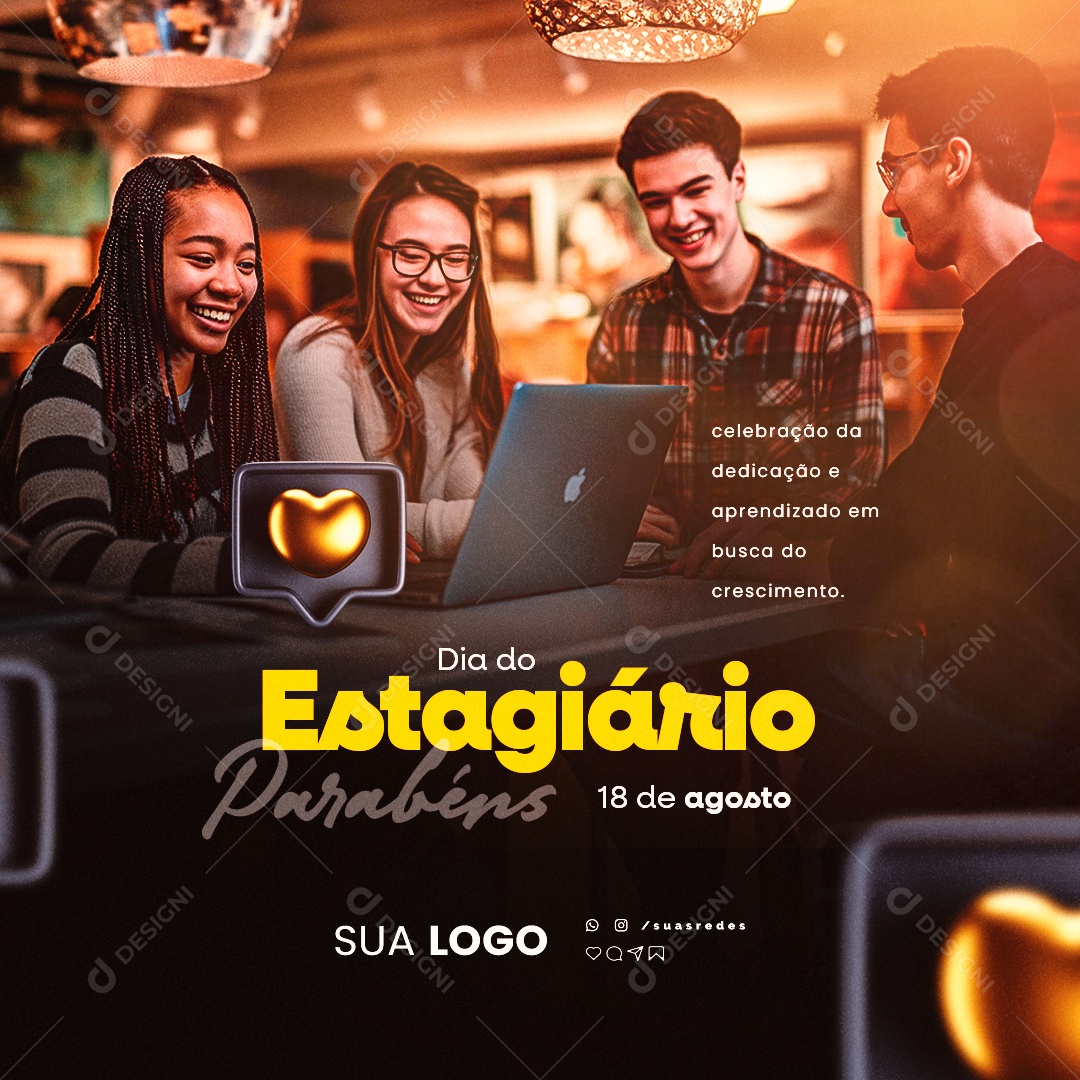 Dia Do Estagiário Parabéns Celebração da Dedicação e Aprendizado Social Media PSD Editável