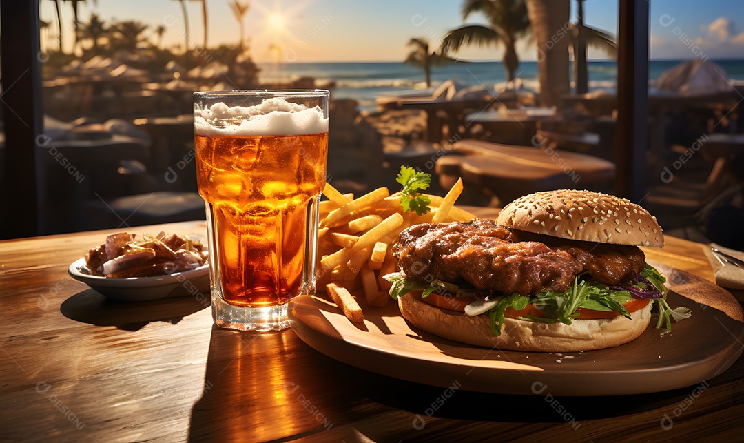 Delicioso lanche de hamburguer com copo de cerveja