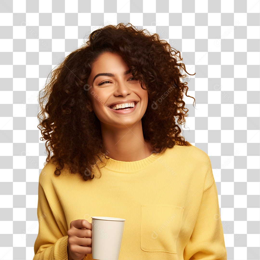 Mulher de Amarelo com Copo de Café na Mão PNG Transparente