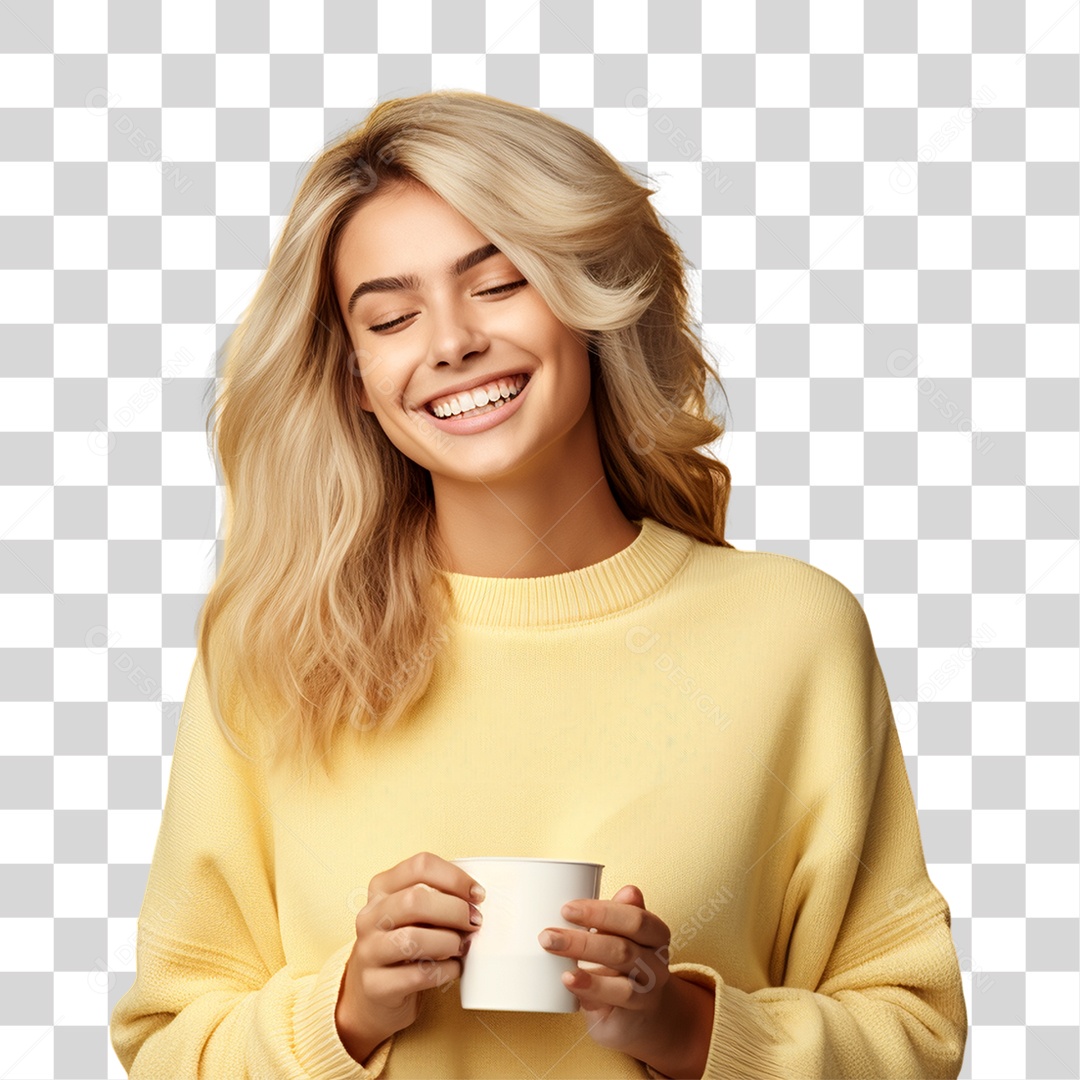 Mulher de Amarelo com Copo de Café na Mão PNG Transparente