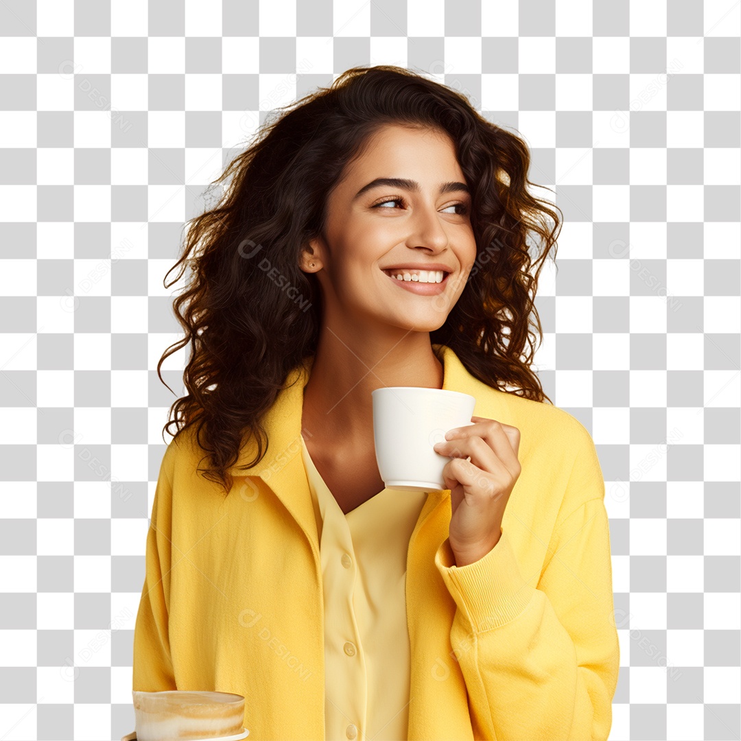 Mulher de Amarelo com Copo de Café na Mão PNG Transparente