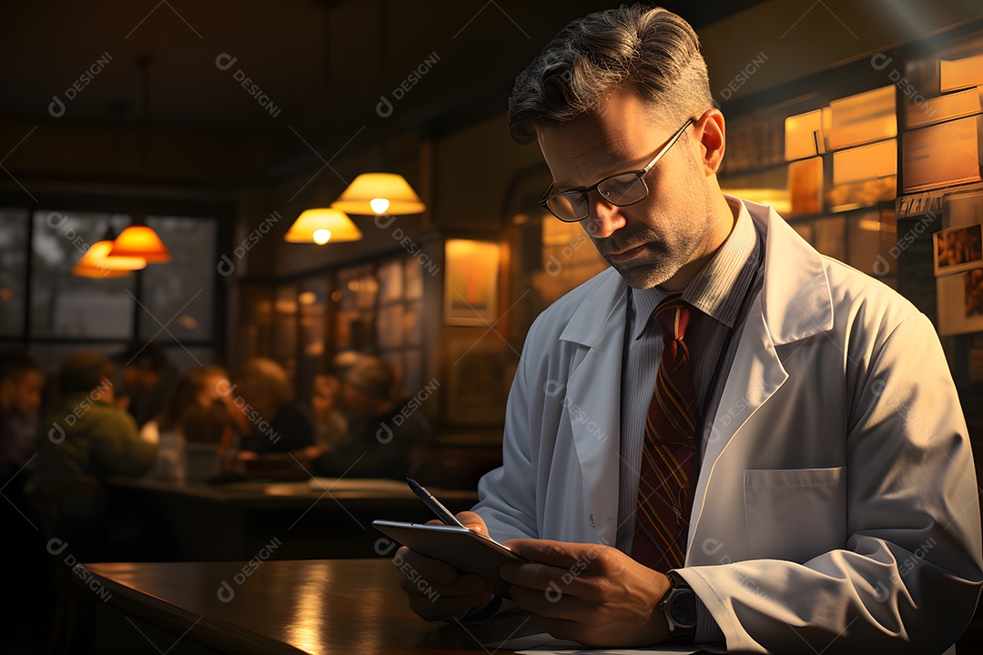 Homem médico verificando tablet no hospital