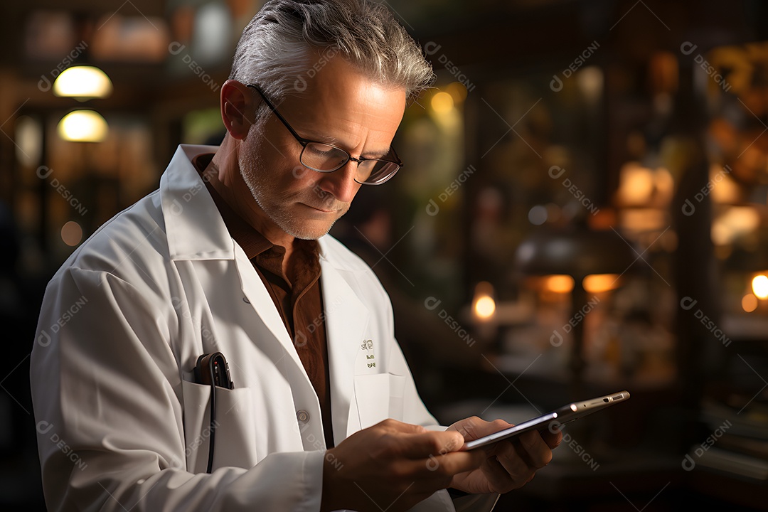 Homem médico verificando tablet no hospital