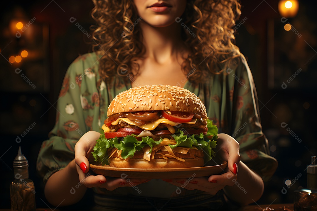 Mulher segurando delicioso hamburguer