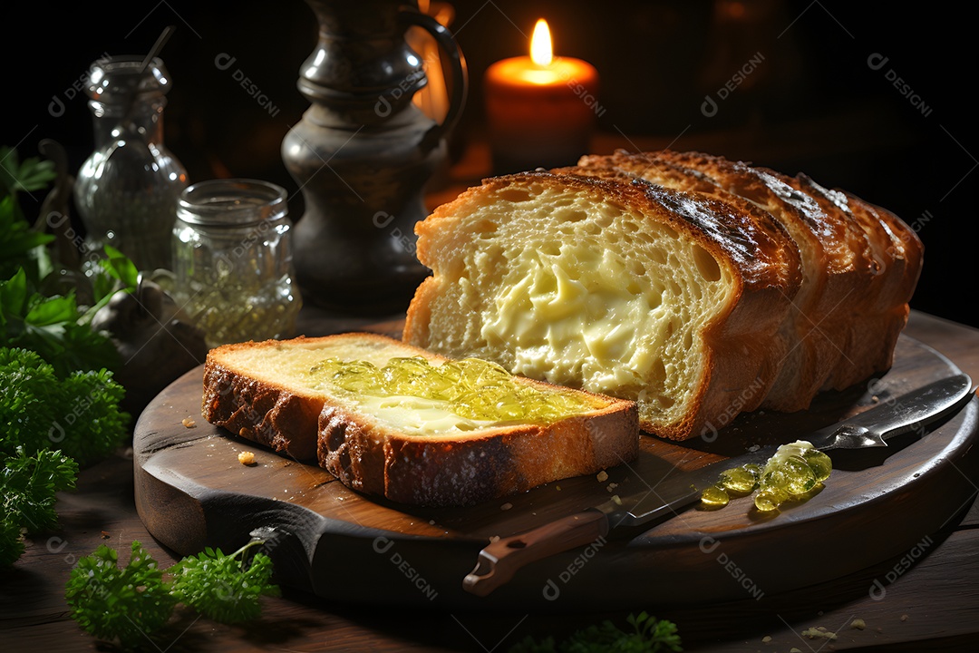 Pão fatiado com manteiga sobre a tábua