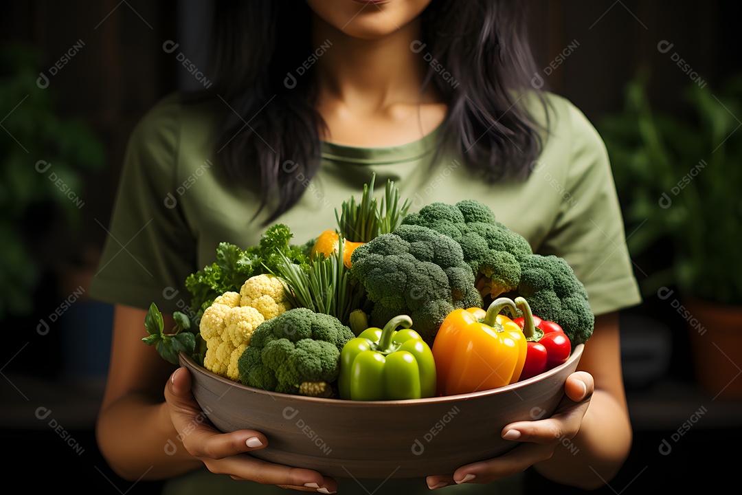 Mulher segurando tigela com vegetais saudáveis